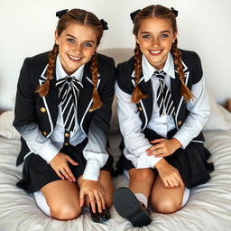 An ultra-realistic full body portrait of two 16-year-old European schoolgirls