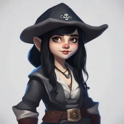 A realistic portrait of a female gnome necromancer, showing black hair and dark eyes