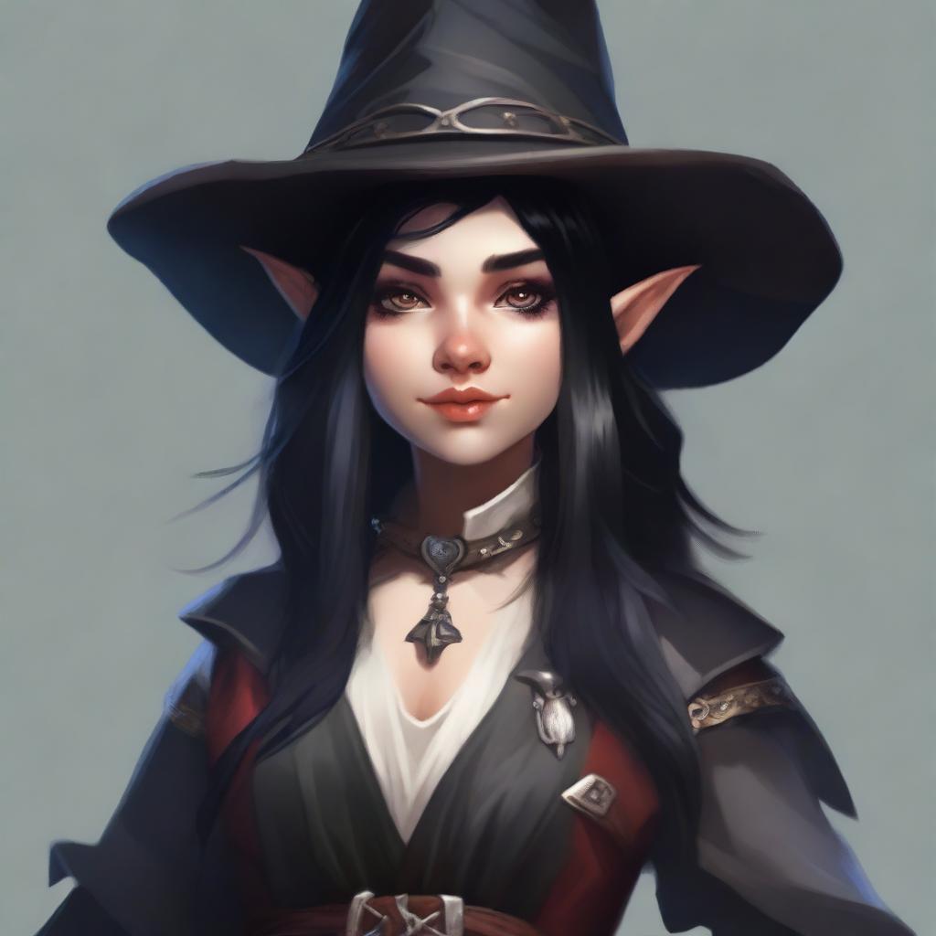 A realistic portrait of a female gnome necromancer, showing black hair and dark eyes