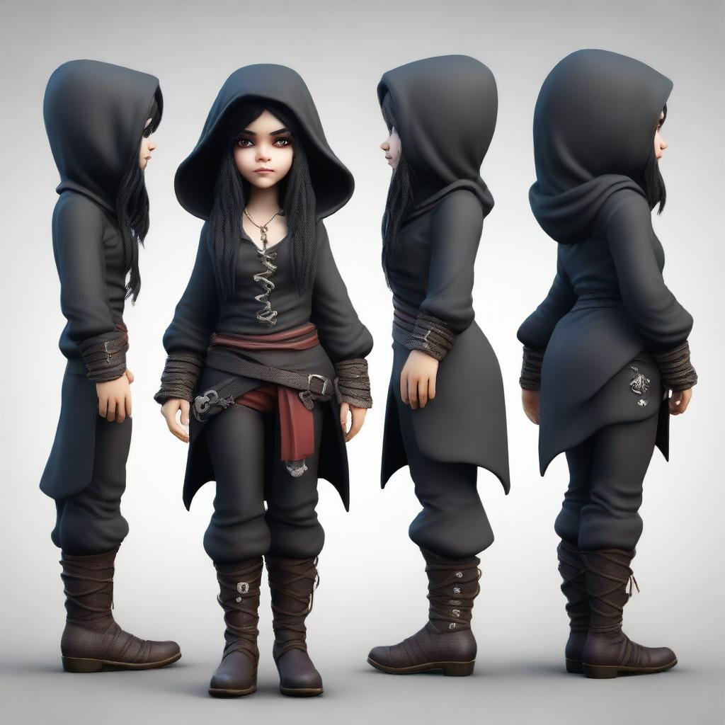 Full body rendition of a realistic female gnome necromancer with black hair and dark eyes, donned in a rogue pirate outfit, showcasing her powerful and adventurous nature