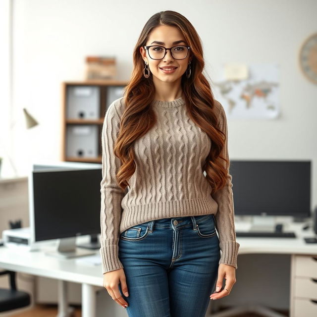 A full-body image of a 23-year-old Russian secretary in an office setting