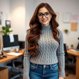 A full-body image of a 23-year-old Russian secretary in an office setting