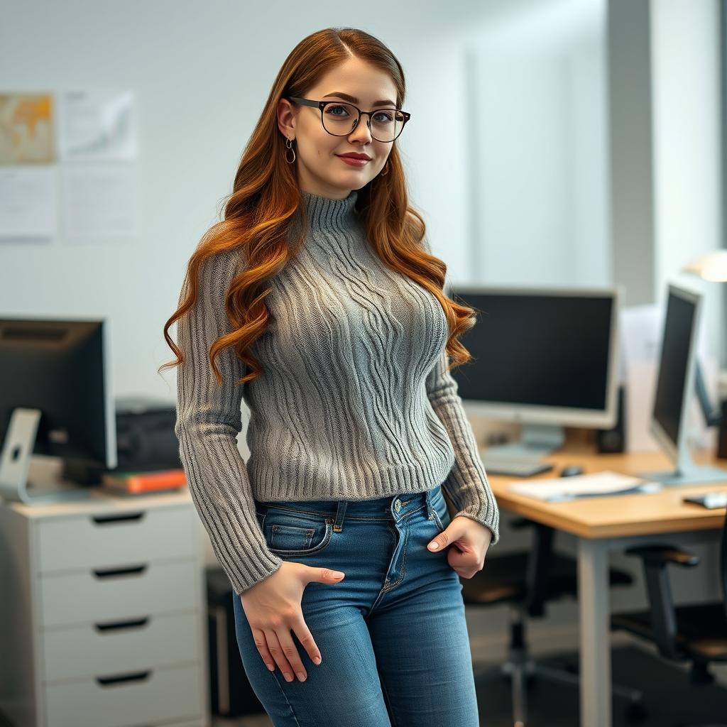 A full-body image of a 23-year-old Russian secretary in an office setting