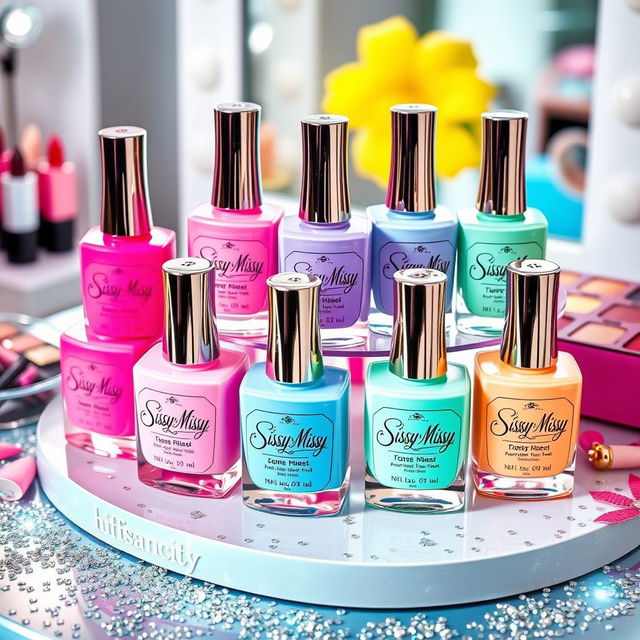 A vibrant display of Sissy Missy brand nail polish, showcasing an array of colorful bottles