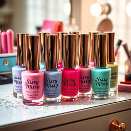A vibrant display of Sissy Missy brand nail polish, showcasing an array of colorful bottles