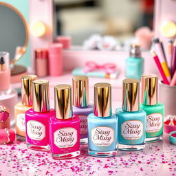 A vibrant display of Sissy Missy brand nail polish, showcasing an array of colorful bottles