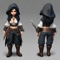 Full body rendition of a realistic female gnome necromancer with black hair and dark eyes, donned in a rogue pirate outfit, showcasing her powerful and adventurous nature