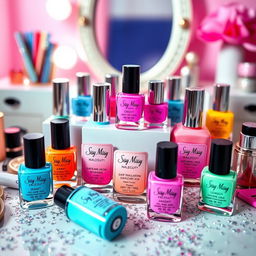 A vibrant display of Sissy Missy brand nail polish, showcasing an array of colorful bottles