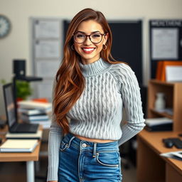 A 29-year-old Italian secretary in an office setting, showcasing her whole body