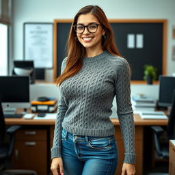 A 29-year-old Italian secretary in an office setting, showcasing her whole body