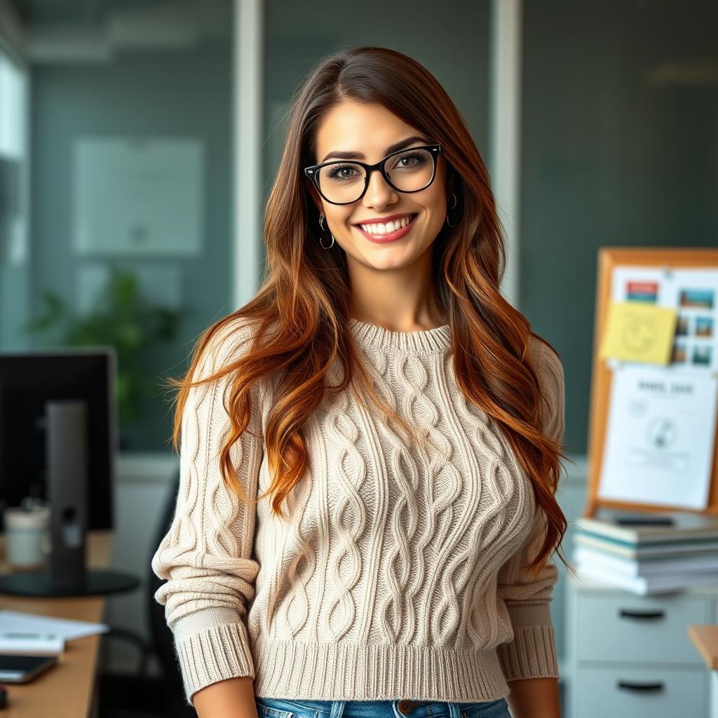 A 29-year-old Italian secretary in an office setting, showcasing her whole body