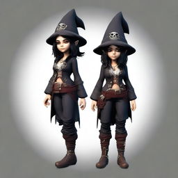 Full body rendition of a realistic female gnome necromancer with black hair and dark eyes, donned in a rogue pirate outfit, showcasing her powerful and adventurous nature