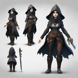 Full body rendition of a realistic female gnome necromancer with black hair and dark eyes, donned in a rogue pirate outfit, showcasing her powerful and adventurous nature