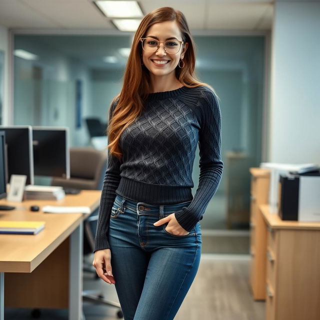 A 29-year-old Russian secretary in an office setting, showcasing her whole body