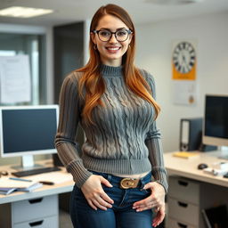 A 29-year-old Russian secretary in an office setting, showcasing her whole body