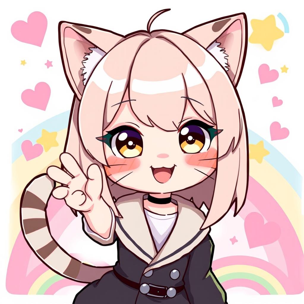 A cute character inspired by a famous cat, featuring smooth, straight hair