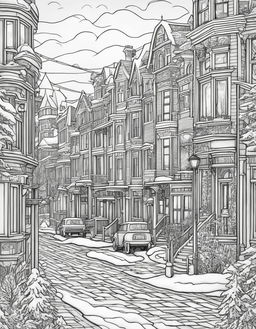 Adult coloring page featuring a detailed winter town scene inspired by Wes Anderson's distinctive style.