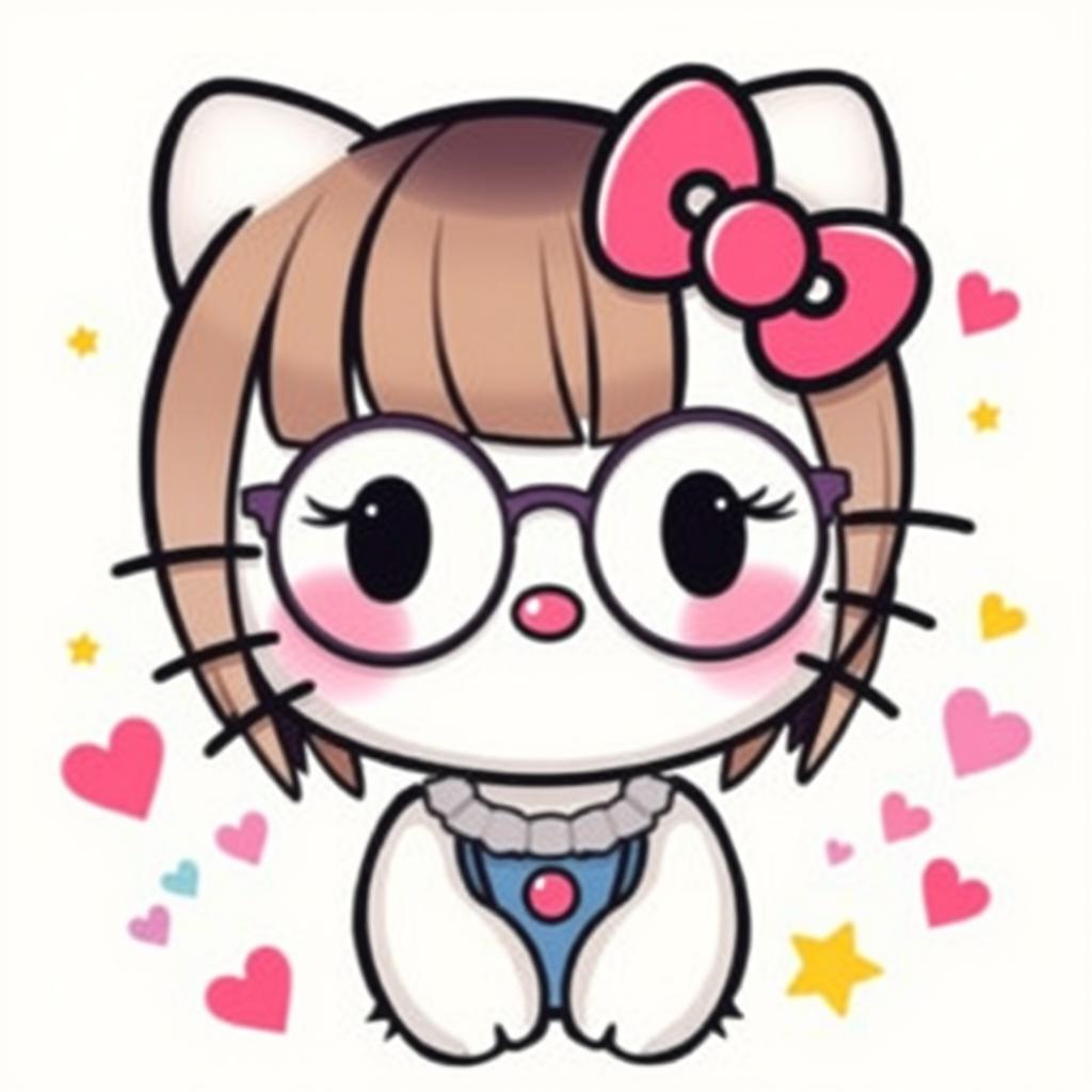 Hello Kitty with straight hair, wearing round glasses and sporting a piercing