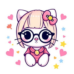 Hello Kitty with straight hair, wearing round glasses and sporting a piercing