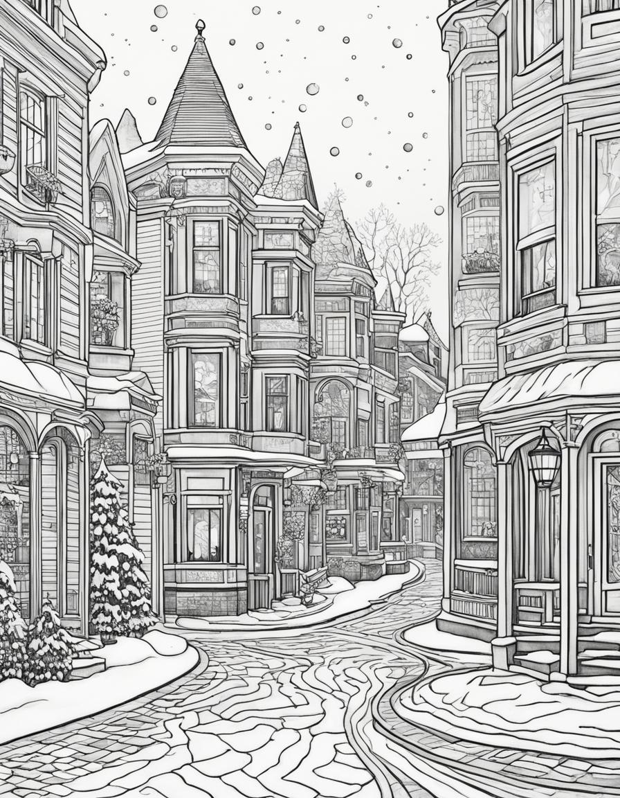 Adult coloring page featuring a detailed winter town scene inspired by Wes Anderson's distinctive style.