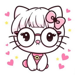 Hello Kitty with straight hair, wearing round glasses and sporting a piercing