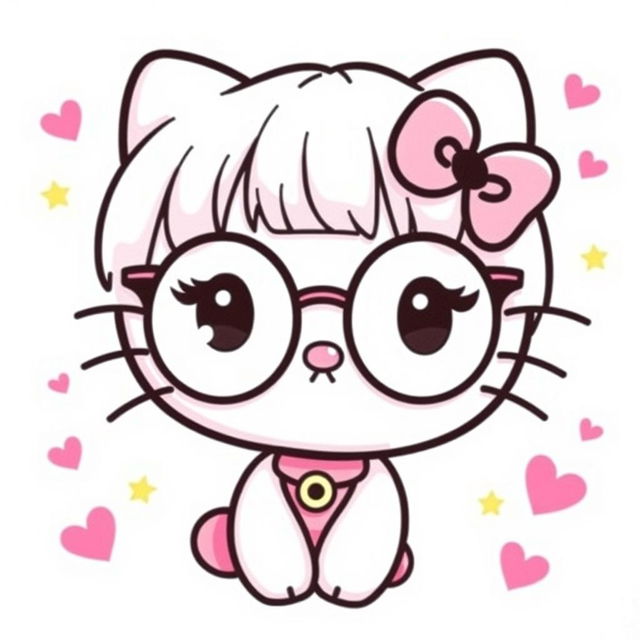 Hello Kitty with straight hair, wearing round glasses and sporting a piercing