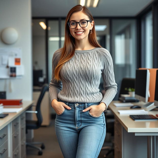 A 32-year-old Russian secretary in an office setting, showcasing her whole body