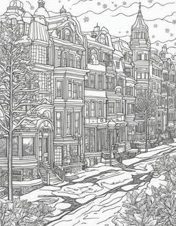 Adult coloring page featuring a detailed winter town scene inspired by Wes Anderson's distinctive style.