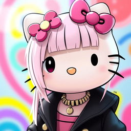 A kawaii interpretation of Hello Kitty with straight hair and a stylish piercing, featuring her signature pink bow and playful expression