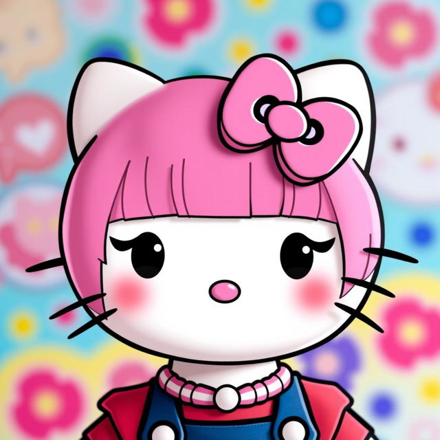 A kawaii interpretation of Hello Kitty with straight hair and a stylish piercing, featuring her signature pink bow and playful expression