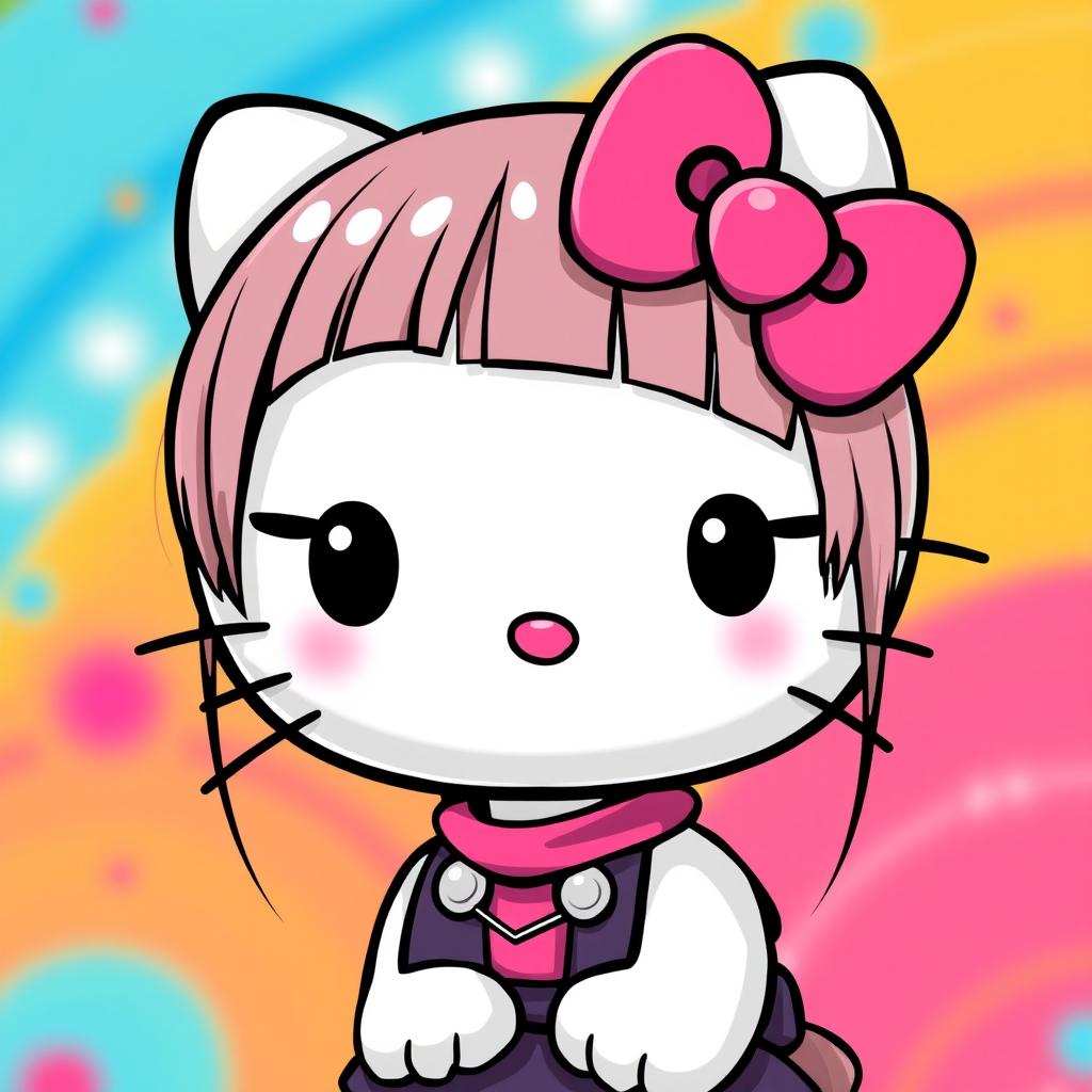 A kawaii interpretation of Hello Kitty with straight hair and a stylish piercing, featuring her signature pink bow and playful expression