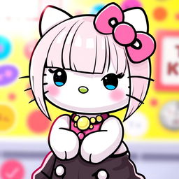 A kawaii interpretation of Hello Kitty with straight hair and a stylish piercing, featuring her signature pink bow and playful expression