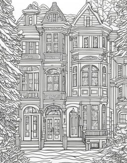 Adult coloring page featuring a detailed winter town scene inspired by Wes Anderson's distinctive style.