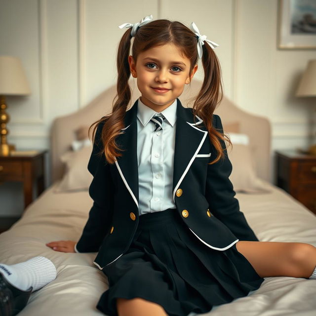 A portrait of a European girl in a stylish bedroom, featuring brown hair styled in pigtails with delicate white bows