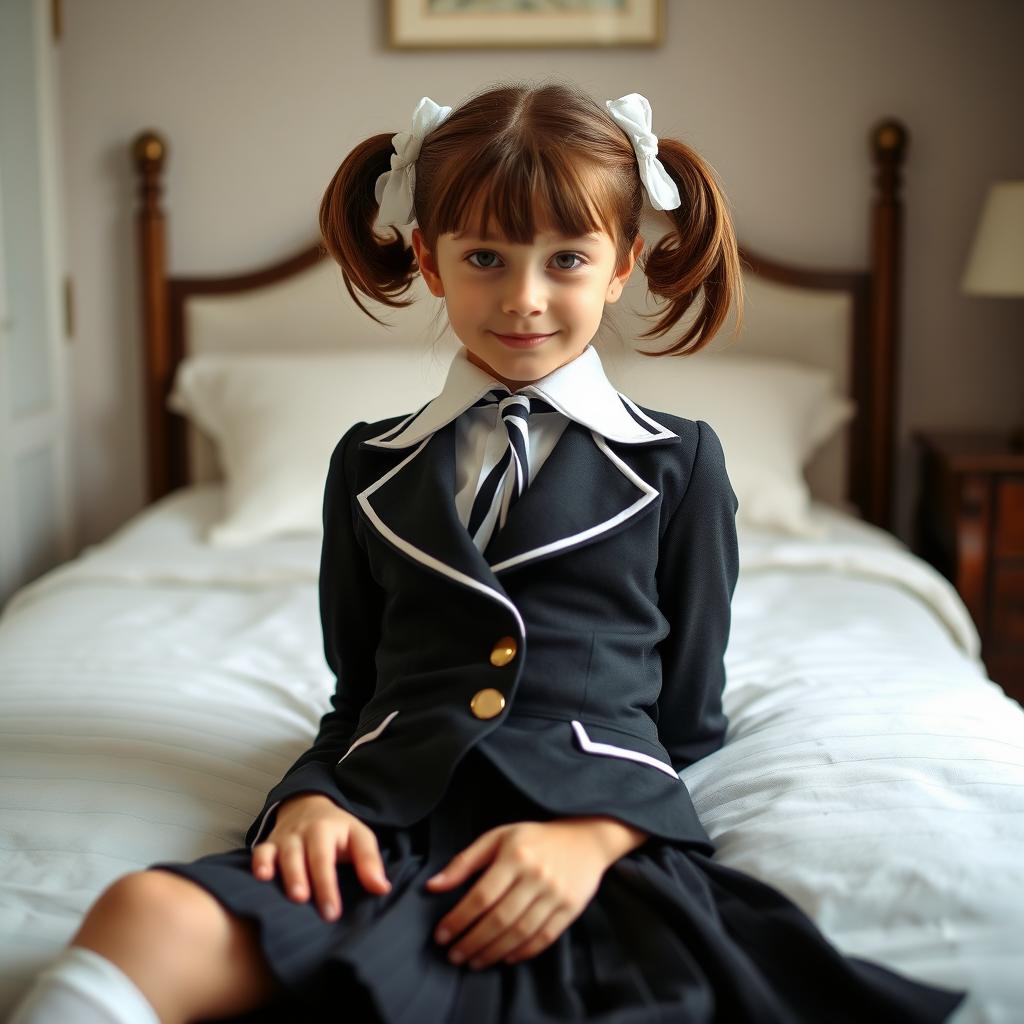 A portrait of a European girl in a stylish bedroom, featuring brown hair styled in pigtails with delicate white bows