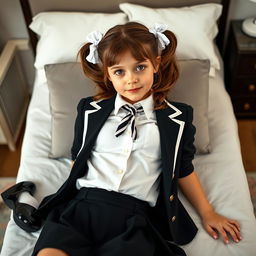 A portrait of a European girl in a stylish bedroom, featuring brown hair styled in pigtails with delicate white bows