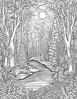 Abstract coloring page featuring a winter forest scene.