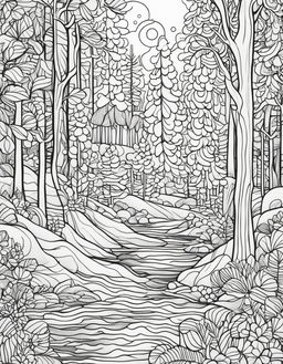 Abstract coloring page featuring a winter forest scene.