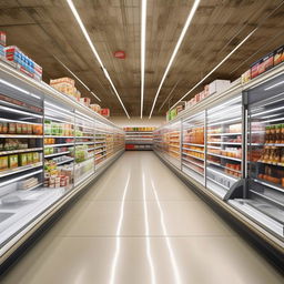 A modern, spacious superstore that is 26 feet deep and 13 feet wide. The store features 2 double-sided modern racks in the center, 2 cold drink refrigerators, an ice cream deep freezer, and a sleek L-shaped cash counter.