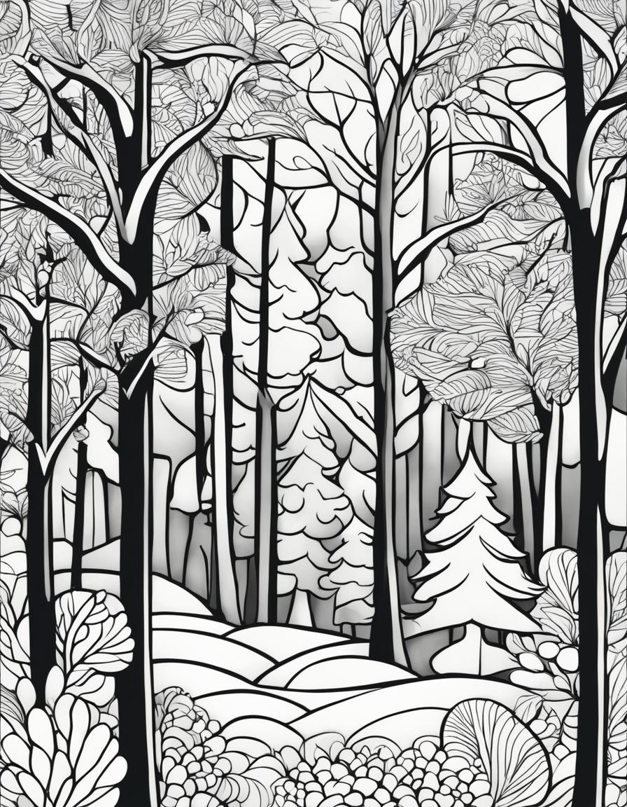 Abstract coloring page featuring a winter forest scene.