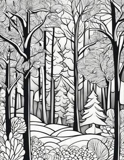 Abstract coloring page featuring a winter forest scene.