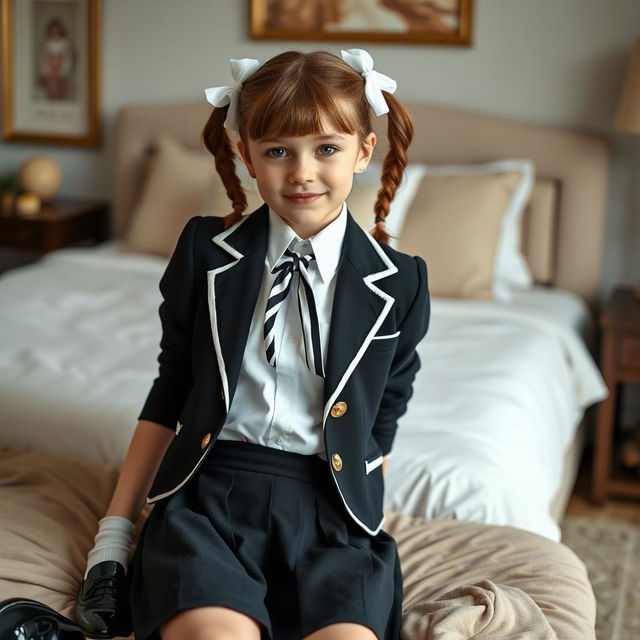 A portrait of a European girl in a stylish bedroom, featuring brown hair styled in pigtails adorned with white bows