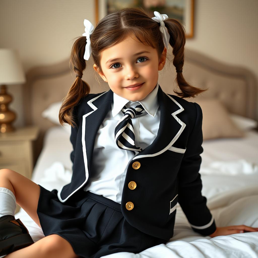 A portrait of a European girl in a stylish bedroom, featuring brown hair styled in pigtails adorned with white bows