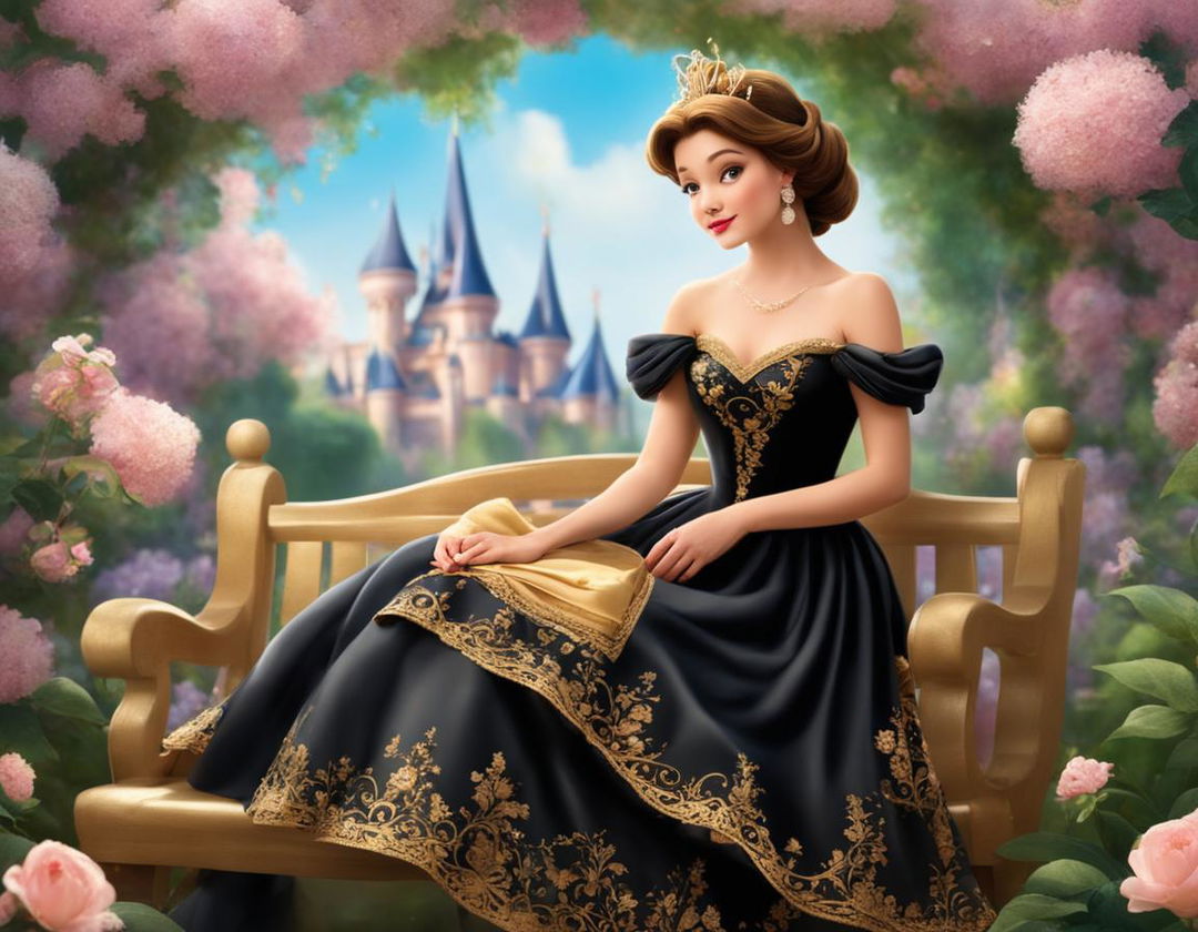 A princess in a black and golden Caroline cage dress sits on a bench in a blooming garden.