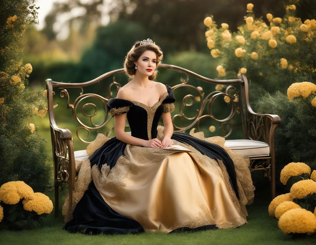 A princess in a black and golden Caroline cage dress sits on a bench in a blooming garden.