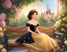 A princess in a black and golden Caroline cage dress sits on a bench in a blooming garden.