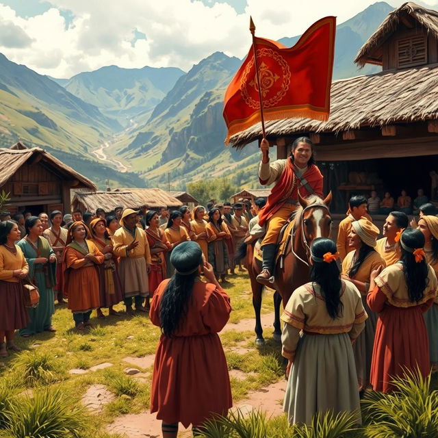 A historically inspired scene depicting the moment when news of Atahualpa's victory arrives in an Inca village five days after the battle