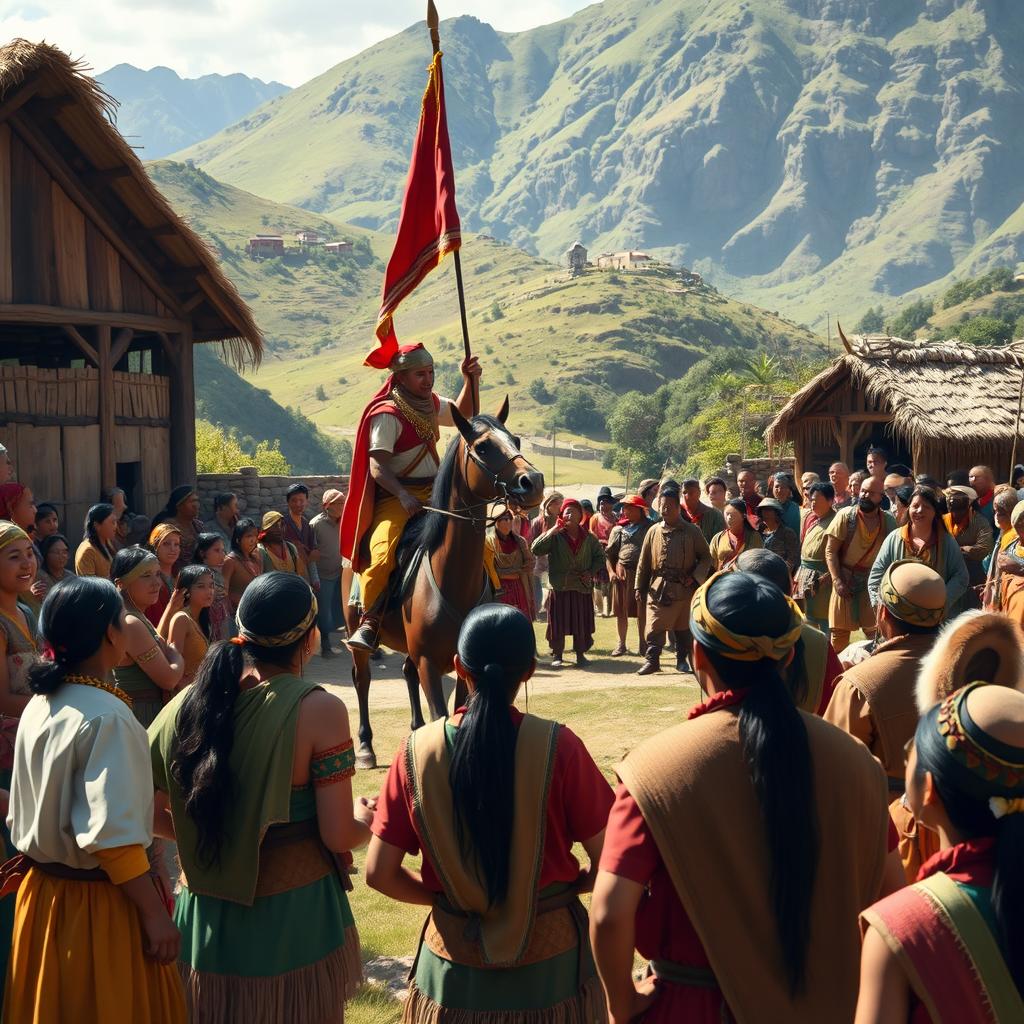 A historically inspired scene depicting the moment when news of Atahualpa's victory arrives in an Inca village five days after the battle