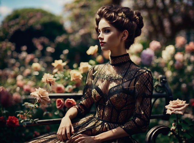 A princess in a black and golden Caroline cage dress, captured in a 200mm photography, sits on a bench in a blooming garden.