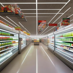 A modern, spacious superstore that is 26 feet deep and 13 feet wide. The store features 2 double-sided modern racks in the center, 2 cold drink refrigerators, an ice cream deep freezer, and a sleek L-shaped cash counter.